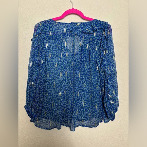 ba&sh Masha 100% Silk Blue Gold Boho Metallic Accent Ruffled 3/4 Sleeve Top S - Picture 7 of 8